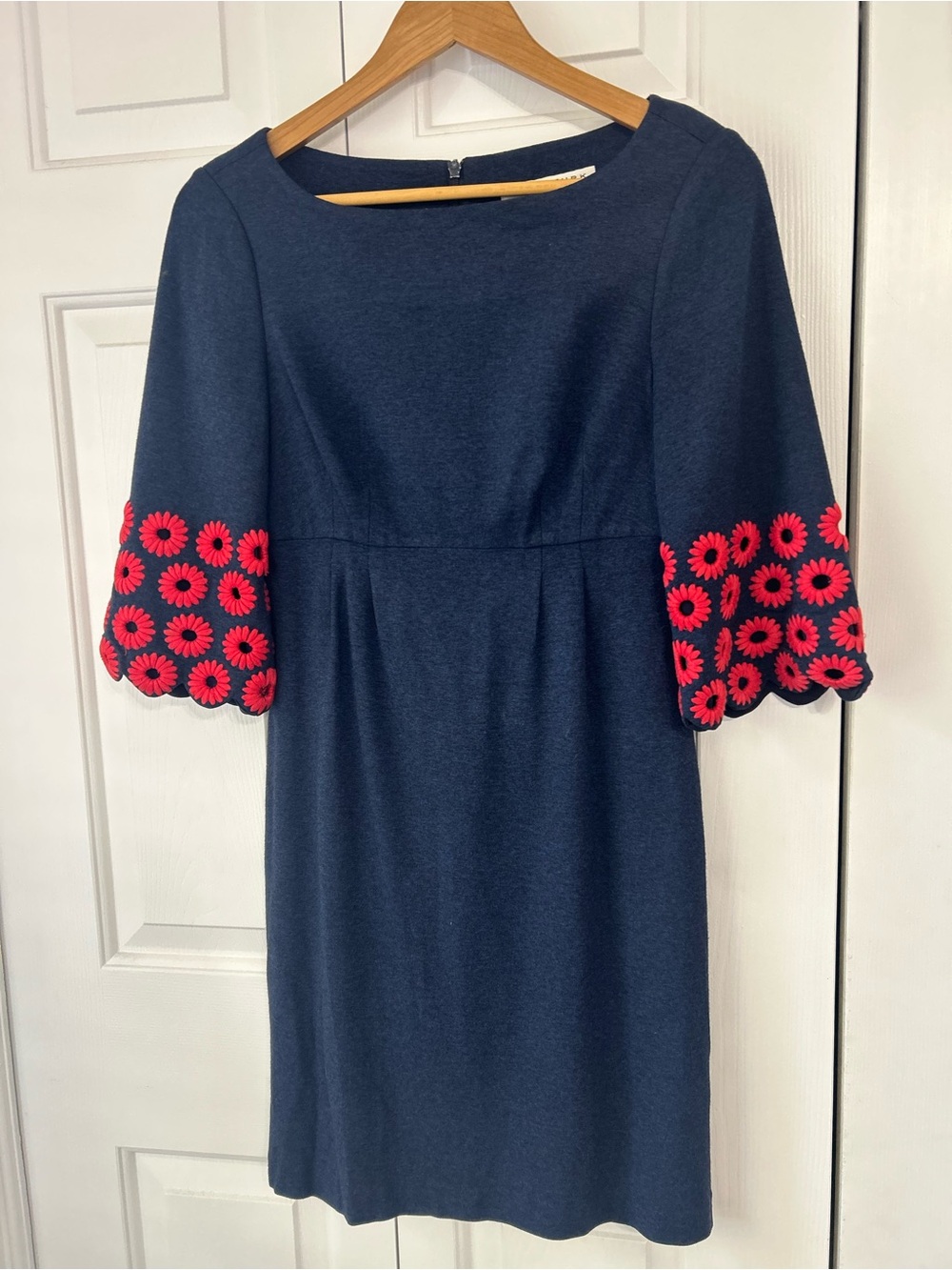 Trina Turk Navy Dress with Red Floral Sleeve Embroidery